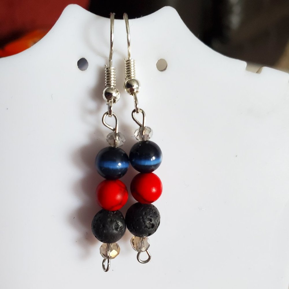 Silver Tone Hook Jasper Cat's Eye and Lava Bead Dangle Earrings Tony Alexander